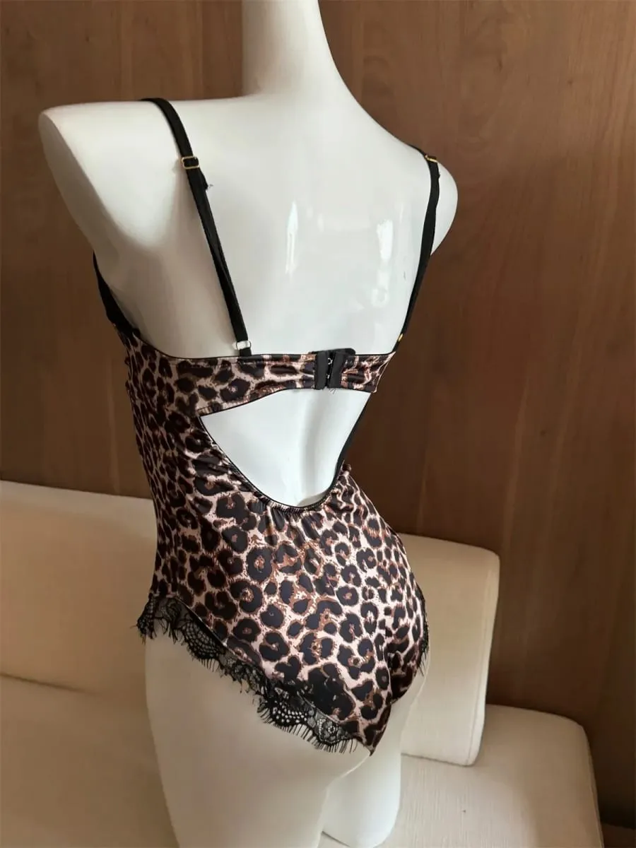 Sexy leopardo impressão halter bodysuit para mulher fina estiramento renda lingerie de uma peça com pescoço pendurado — image 5