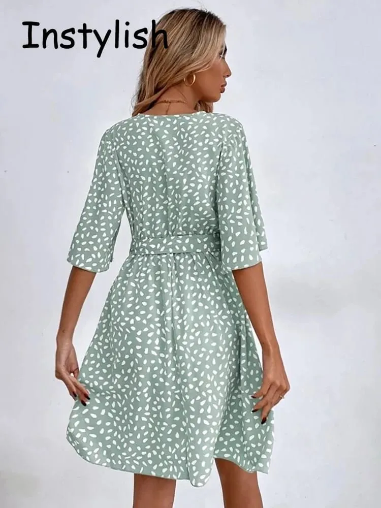 Casual dot print mini vestido com cinto elegante chique meia manga v pescoço a linha vestido de verão vintage harajuku vestido curto praia festa