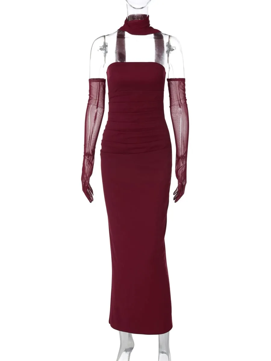Hugcitar elegante cachecol sem alças luvas de malha sólida sexy bodycon maxi vestido de baile feminino moda y2k roupas festa de casamento aniversário