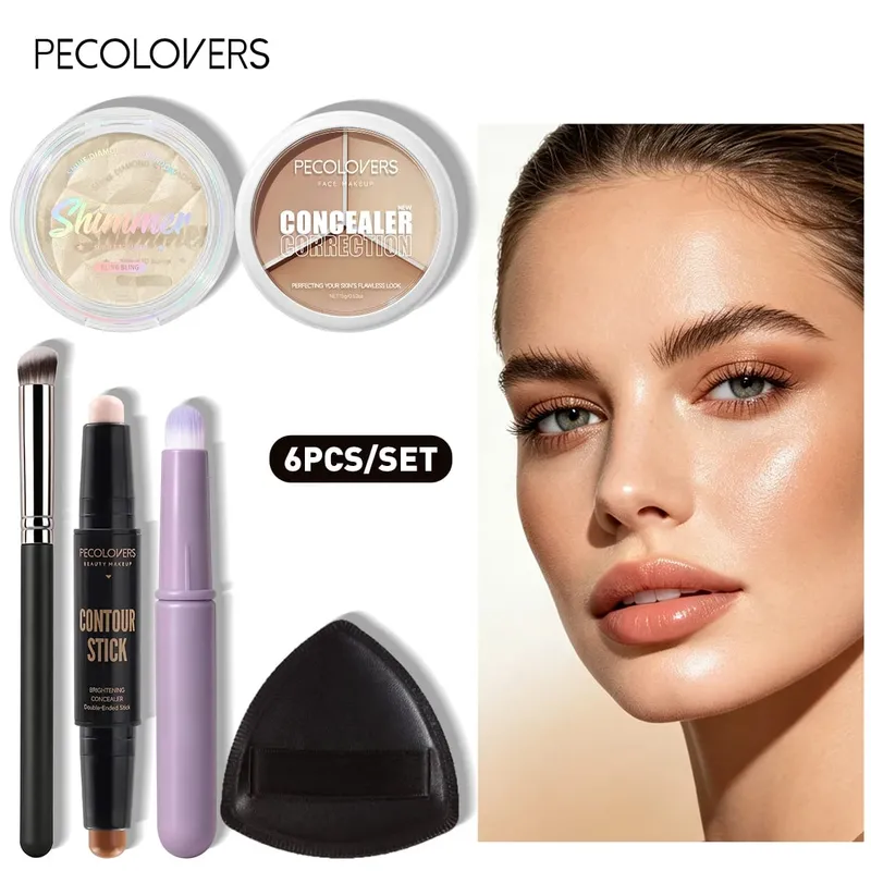 6PCS/SET Three-color Concealer Double-head Contour Stick Sparkle Highlight Palette Puff And Makeup Brush Set