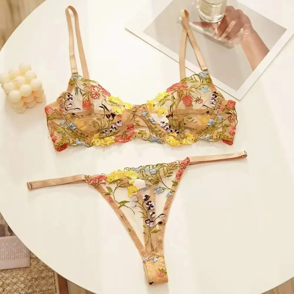 Versatile Transparent Lingerie Set Ultra-thin Elegant Panties Bra Set Push Up Embroidery Floral Underwear Honeymoon