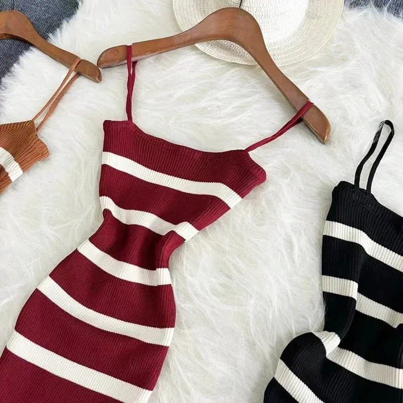 Summer Stripe Elastic Bodycon Strap Dress 2024 Sexy Beach Sundress Women Casual Slim Pencil Vestidos Maxi Long Dress