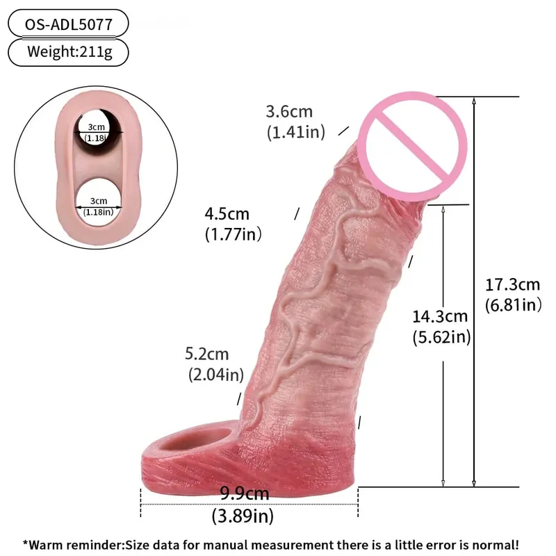 Luva reutilizável para pênis com cabeça fechada realista e anel peniano para ampliação do pênis, atraso na ejaculação, brinquedos sexuais para homens