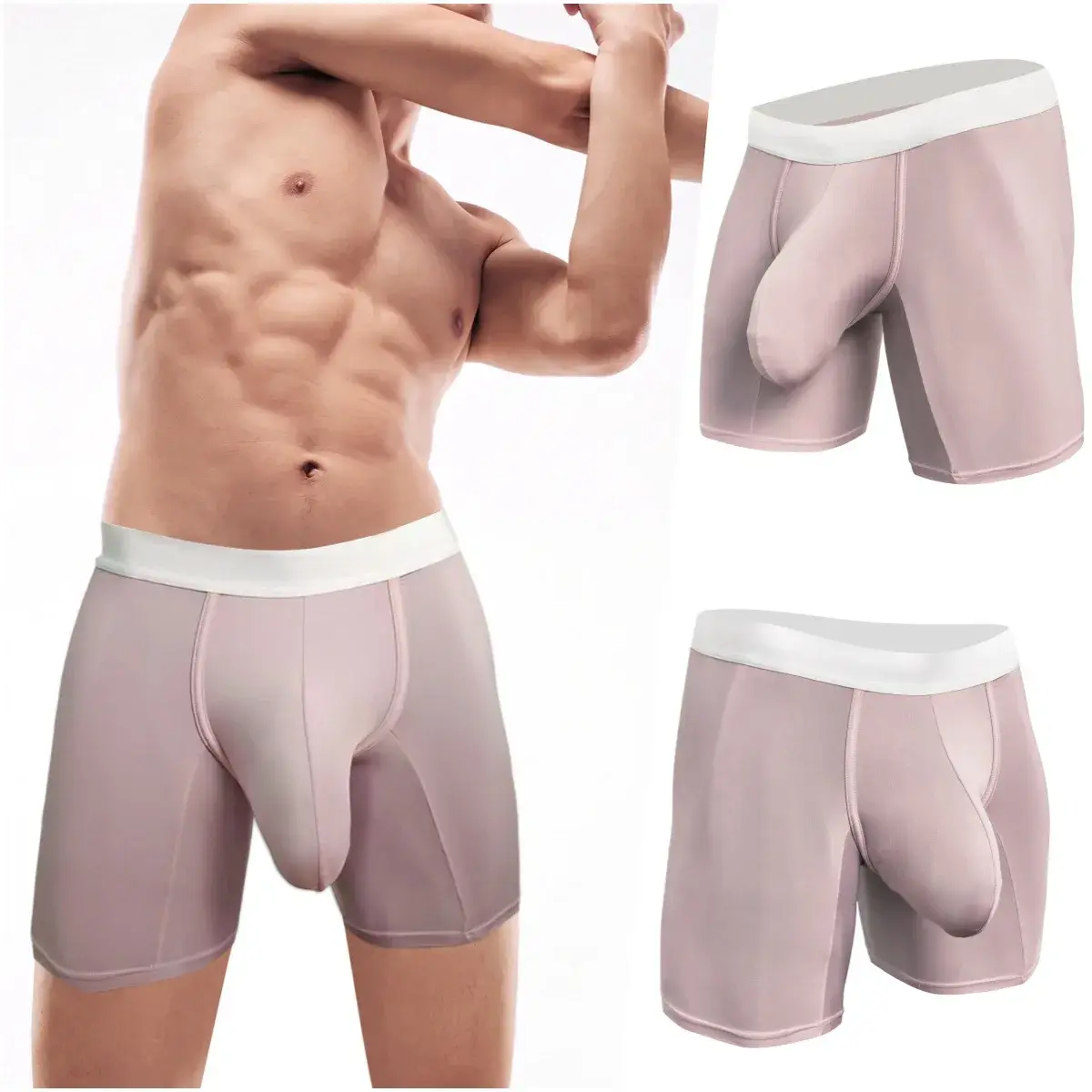 Cueca boxer masculina de seda gelo, bolsa extra profunda respirável, longa corrida, esporte, academia, roupa íntima, anti-atrito, livre de calções macios