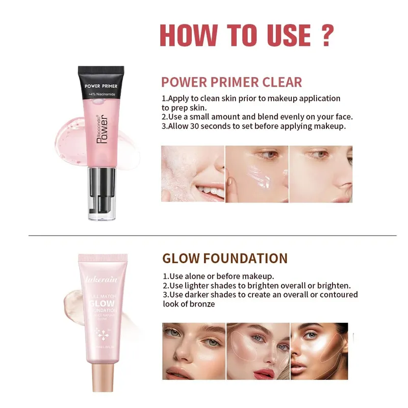 Pó aperto primer gel & brilho fundação kit de maquiagem hidratante suavização da pele leve iluminar brilhante fase cosméticos combinação