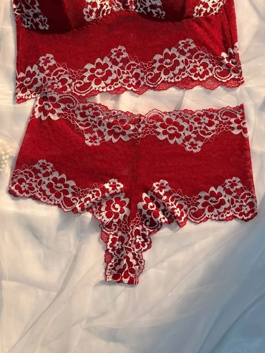 Requintado contraste floral renda estreita malha transparente cruz lindo suspensório traseiro lingerie sexy conjunto de 2 peças 2026