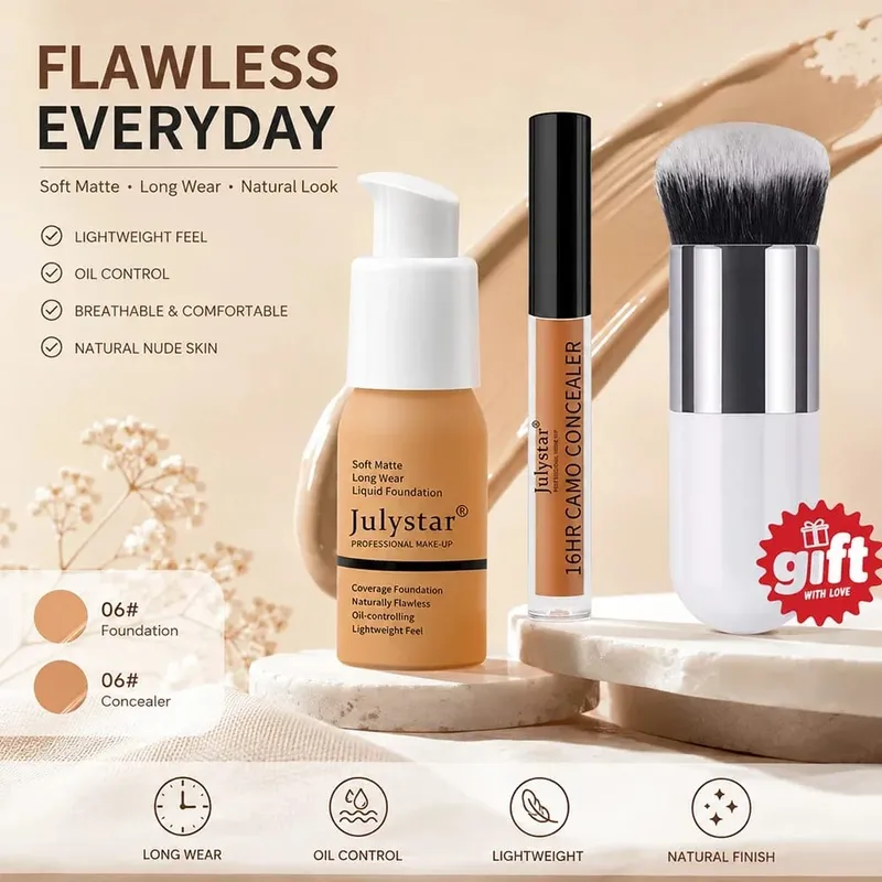 Kit de maquiagem base de 3 peças, base e pincel sem corretivo. Cobertura total leve e mate 16H Oil-Control para um rosto diário natural