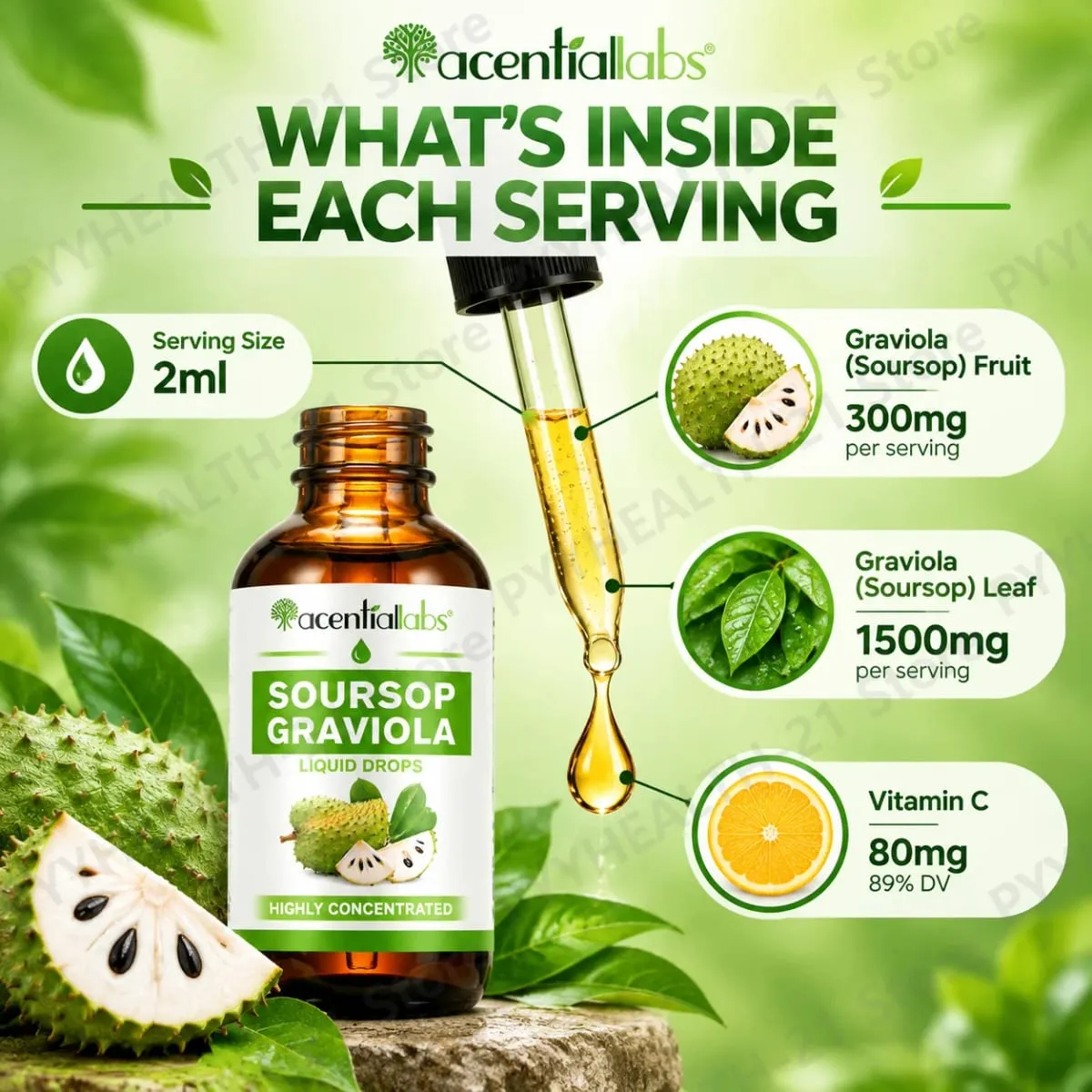AcentiLabs Graviola Graviola Gotas Líquidas Vitamina C Suporta Saúde Digestiva Sistema Imunológico Defesa Radical Livre 60ml para Adultos