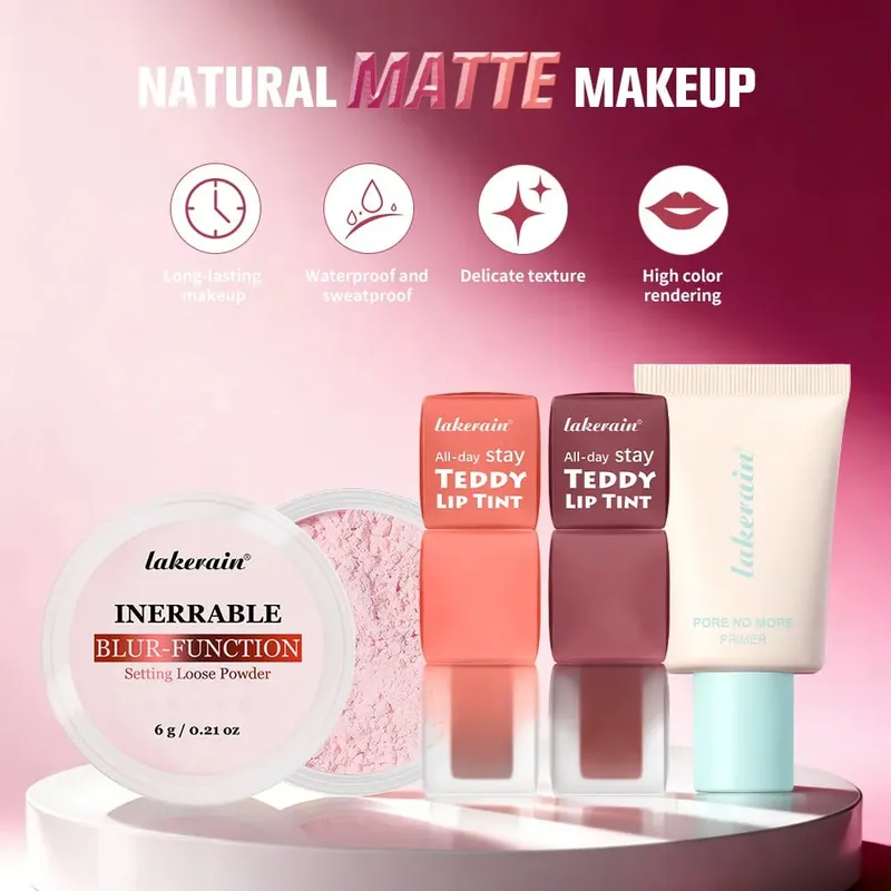4pcs/set Pore No More Primer + Lip Tint + Loose Setting Powder Makeup Set Matte Long-Lasting Waterproof Effect Travel Portable