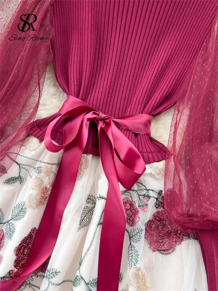 Sênior malha retalhos vestido longo lanterna mangas arco malha bordado floral feminino outono frança elegante vestido de festa