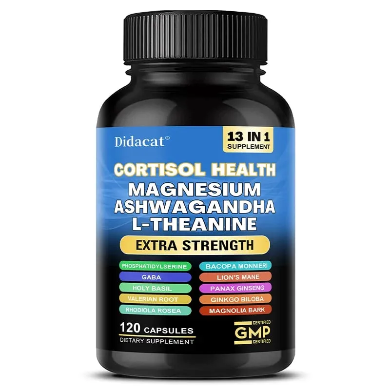 Cápsulas de suporte de cortisol com Ashwagandha e magnésio, suporte para alívio do estresse, humor calmo, saúde adrenal e sono reparador