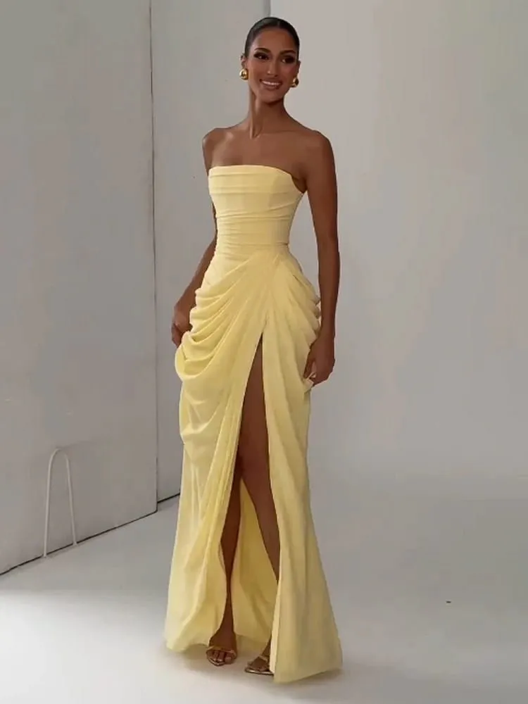 여성 섹시 솔리드 Pleated 드레스 레이디 세련된 오프 어깨 Backless Strapless 높은 허리 분할 드레스 2026 여름 저녁 파티 가운