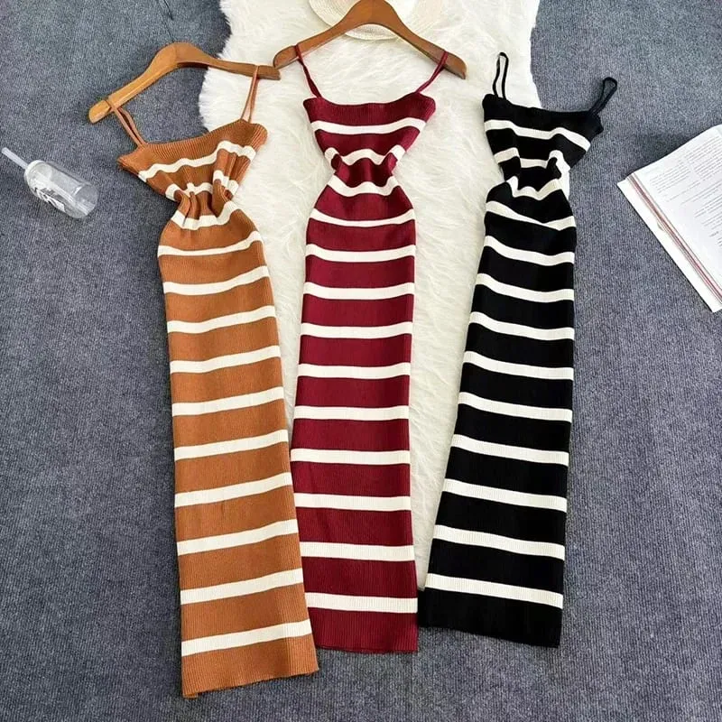 Summer Stripe Elastic Bodycon Strap Dress 2024 Sexy Beach Sundress Women Casual Slim Pencil Vestidos Maxi Long Dress