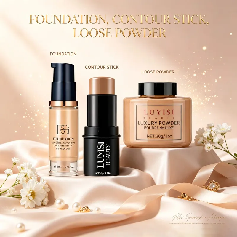 Conjunto de maquiagem facial: 1 unidade de base + 1 unidade de bastão de contorno + 1 unidade de pó de configuração, cobertura completa, cosméticos macios à prova d'água e à prova de suor.