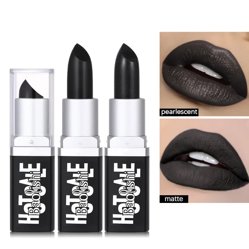 Batom preto fosco perolado textura dupla batom escuro halloween criativo cos maquiagem labial personalizada