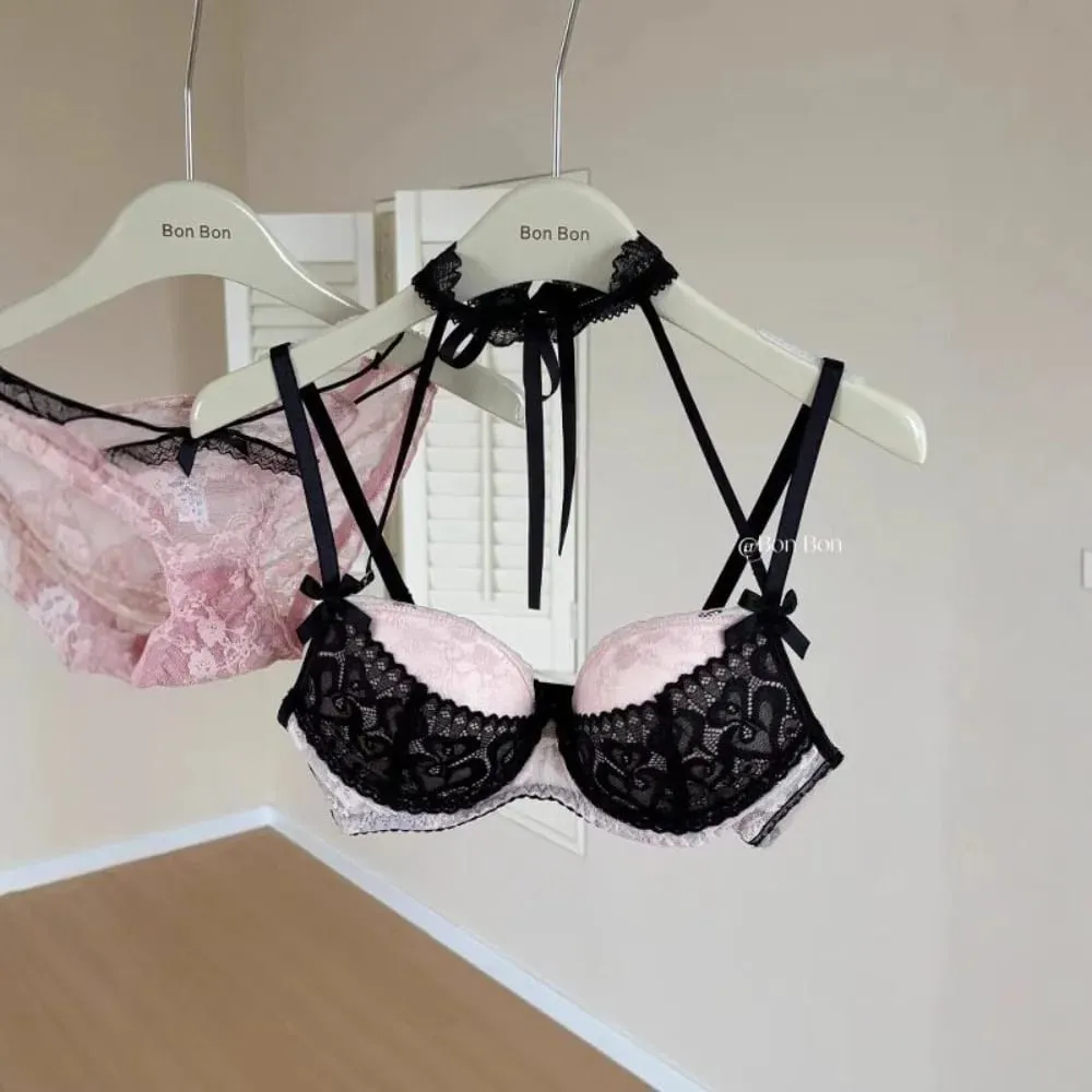 Conjunto de sutiã de renda romântico francês halter pescoço feminino push up suporte macio elástico lingerie roupa interior pequeno busto セクシーな S-XL