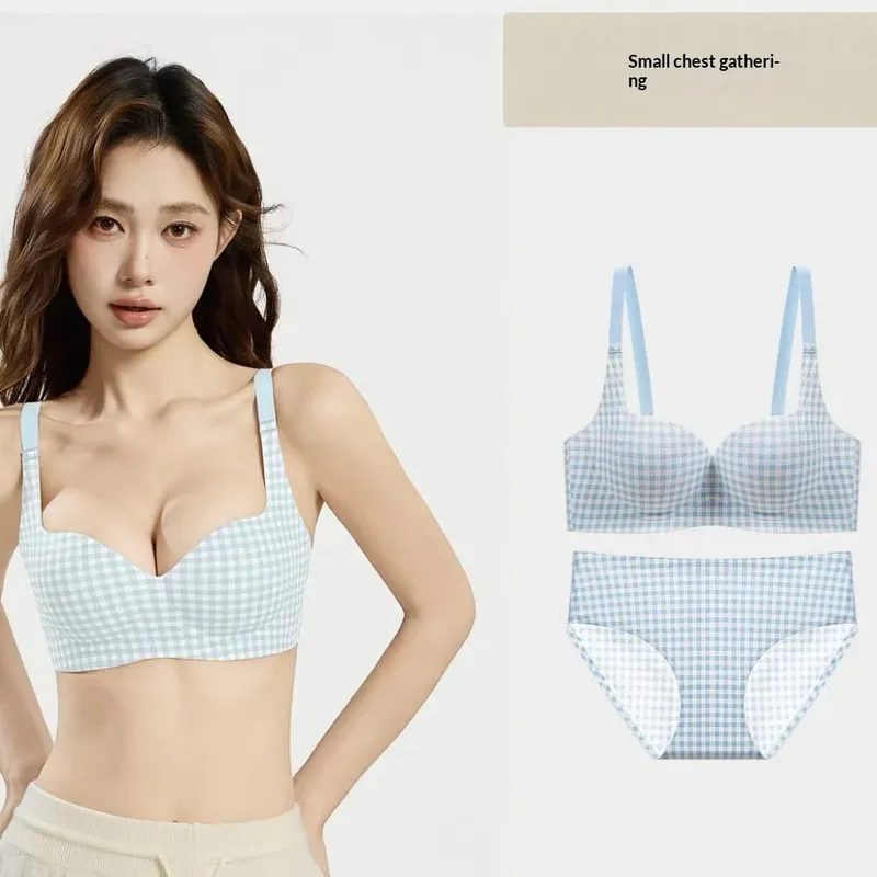 Seamless One-Piece Plaid Bra Set Gathers Small Breasts Makes Them Look Bigger Lifts Comfortable Wireless Underwear Set
