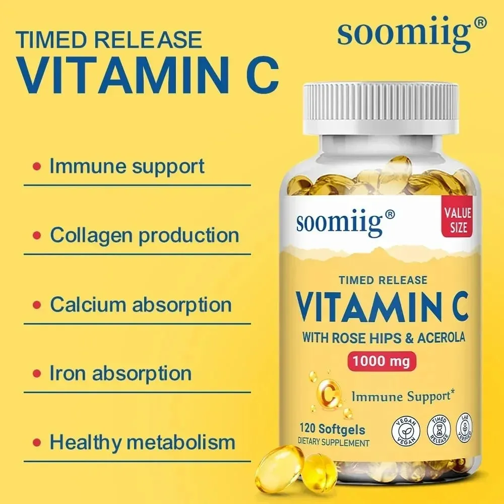 Cápsulas de vitamina C 1000 mg - Suporte imunológico, produção de energia celular, melhora o brilho da pele, dentes e saúde do coração