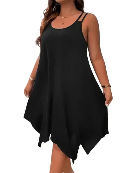 Plus Size Womens Solid Strappy Asymmetrical Hem T Shirt Midi Dress Ladies Sleeveless Casual Loose Summer Holiday Sundress XL-5XL