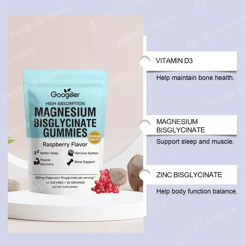 Gomas de bisglicinato de magnésio 400mg Sabor de framboesa apoia a saúde óssea e a função muscular Suplemento dietético para adultos Contagem de 60