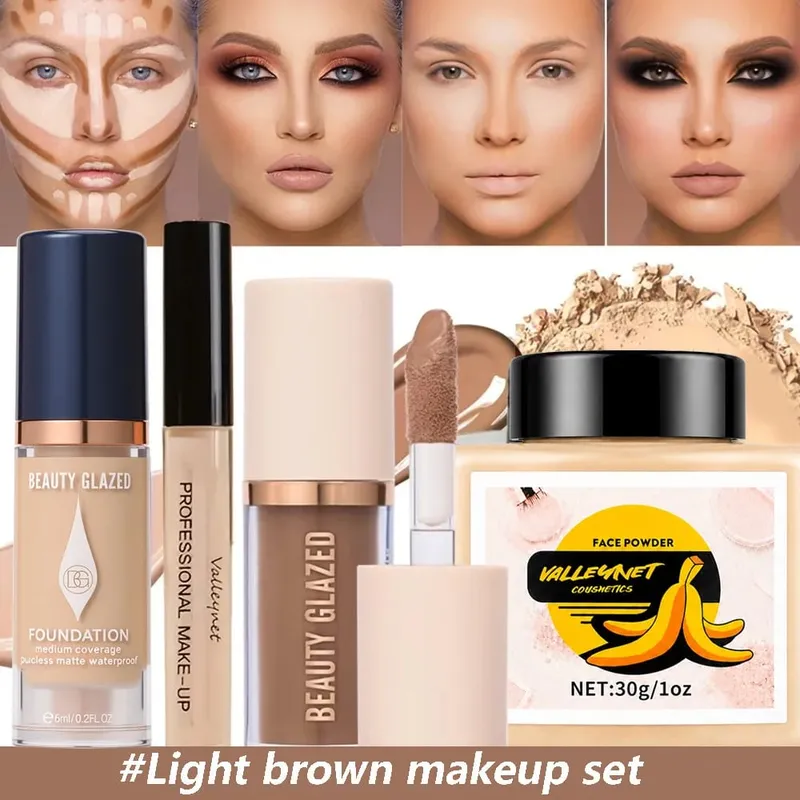 4pcs Face Makeup Set:High-Coverage Concealer Lightweight Foundation 3D Contouring Cream And Oil-Controlling Setting Powder