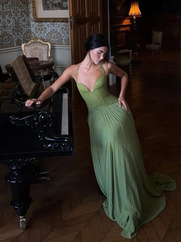 Verde chique espartilho halter vestido longo feminino sólido sem costas fora do ombro plissado retalhos vestidos finos 2026 senhora vestido de festa novo