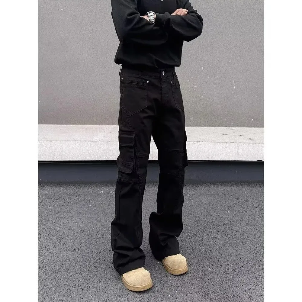 American style Vibe retro heavy industry multi pocket splicing workwear jeans men's straight tube micro flared slim fit long pan