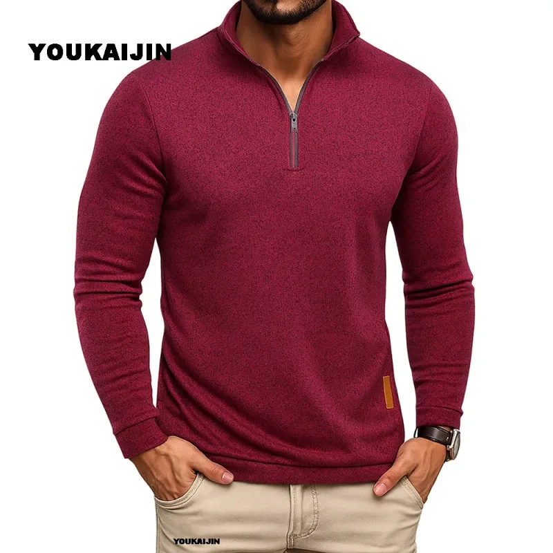Moletom masculino primavera mais grosso pulôver quarto zíper pulôver para masculino com capuz ao ar livre sweatshir outono cor sólida gola alta