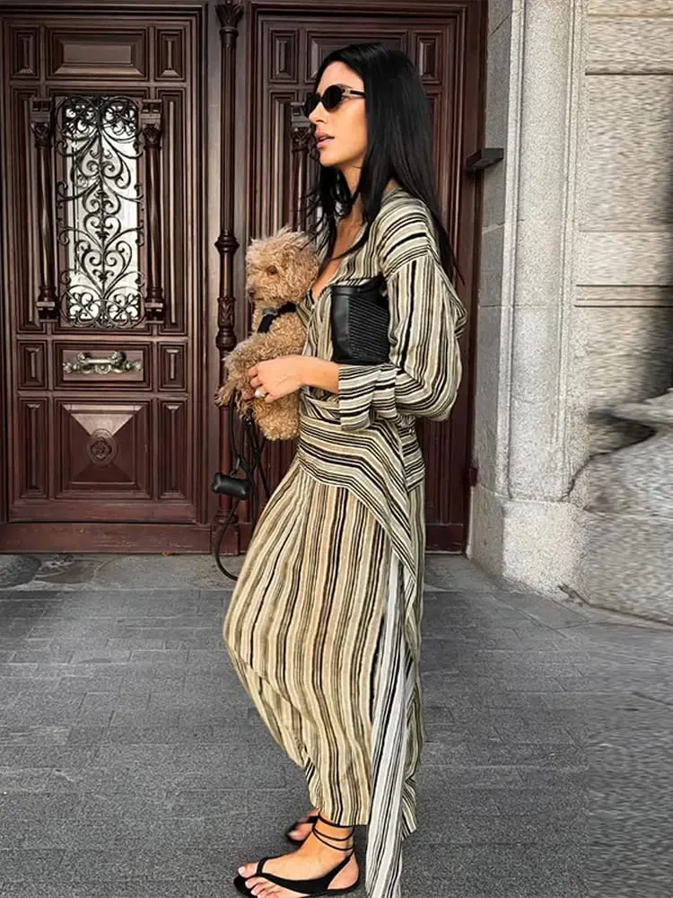 Casual listra maxi vestidos femininos soltos mangas completas profundo decote em v tornozelo comprimento vestido 2026 novas senhoras verão férias praia outfit — image 5