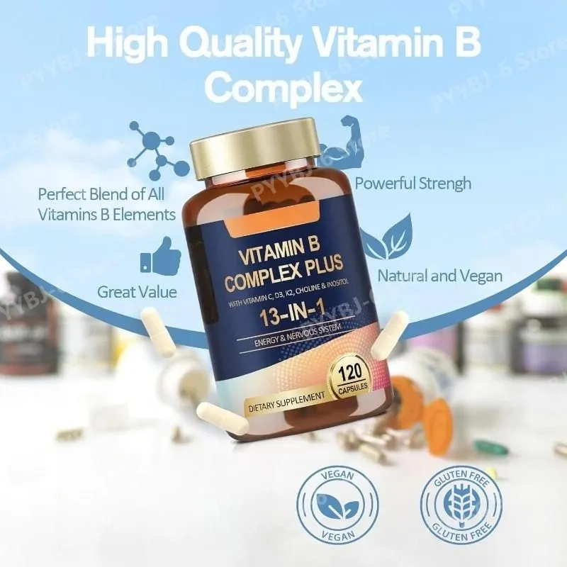 Vitamin B Complex Plus13-in-1 120Vegan Capsules Energy Support Immune Health Nerve Function Skin Wellness Antioxidant Supplement
