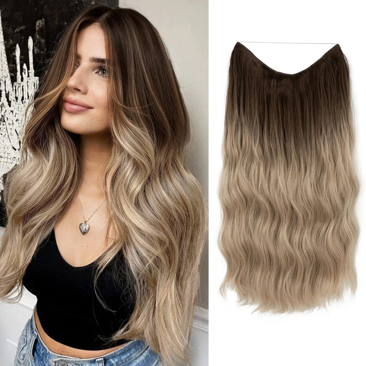 Fio invisível ondulado sintético com clipes, extensão de cabelo, linha de peixe, loiro natural, clipe em peça de cabelo falso