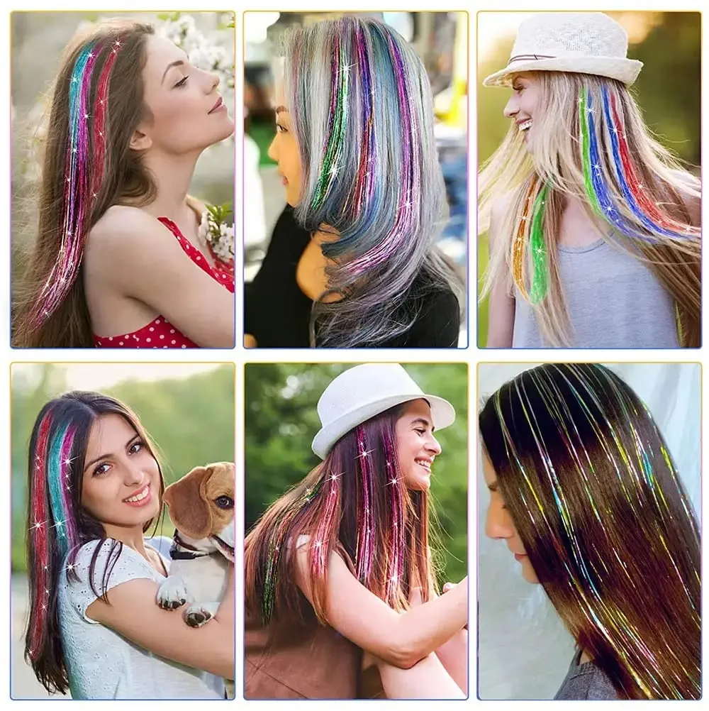 Atacado 5 unidades/pacote espumante brilhante extensões de cabelo clipe em brilho brilhante cabelo enfeites arco-íris brilhante brilho cabelo ouropel rosa/vermelho