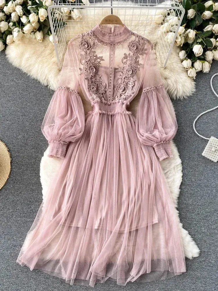 Senhoras vestido tridimensional flor gancho malha temperamento gola lanterna manga cintura alta magro vestidos femininos