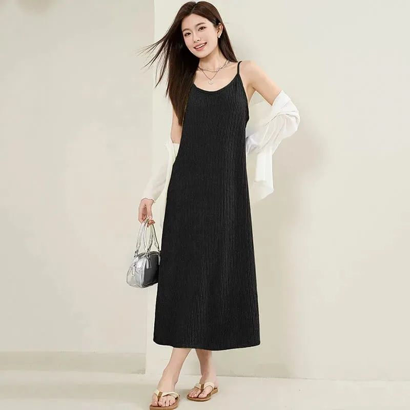 Mulheres vestido de alça espaguete 2026 verão cor sólida solto longo praia vestido de verão lasy elegante sem mangas festa à noite midi vestidos