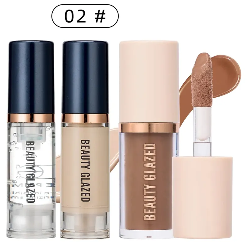 3pcs Face Makeup Set Liquid Foundation+Primer+ Liquid Contour Natural Weightless Long-wearing Smudgeproof Bronzer