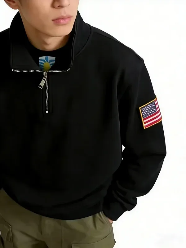 Y2K Retro Quarterzip Pullover Hoodie Pattern Embroidery Pattern Sweatshirt American Vintage Casual Streetwear Men Oversized Coat