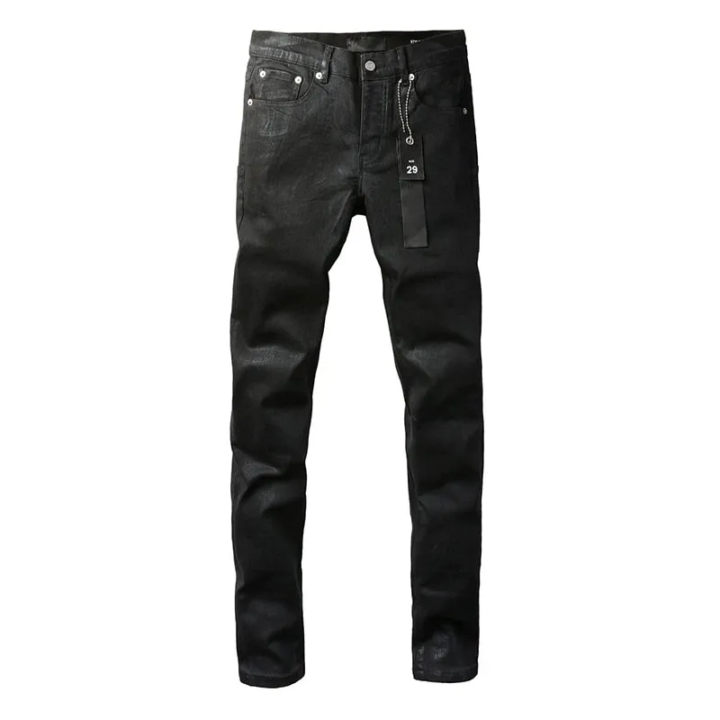 Calça jeans masculina americana High Street desgastada sólida preta revestida de alta elasticidade skinny e slim fit