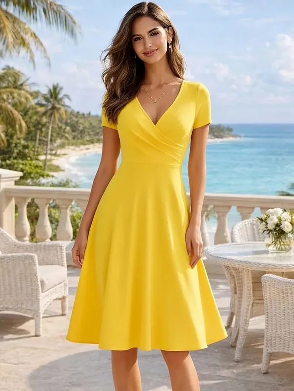 Feminino elegante em torno do pescoço verão manga curta sólido a linha na altura do joelho vestido de cintura alta swagger festa de casamento casual partida