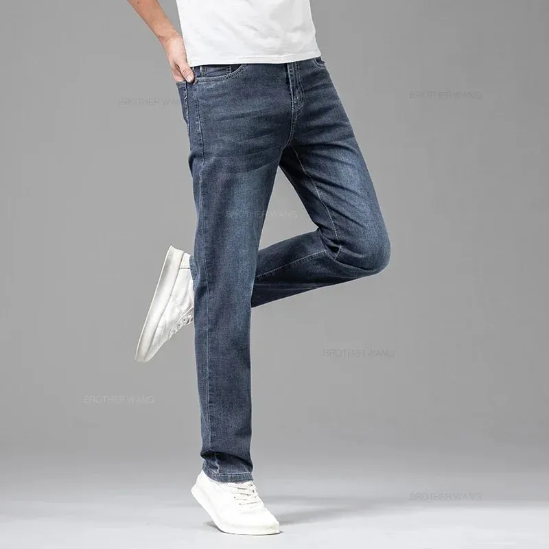 Verão fino masculino elástico algodão jeans moda cinza confortável negócios em linha reta calças casuais marca roupas masculinas