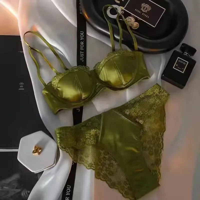 Europeu-americano sexy cetim meia xícara confortável conjunto de roupa interior de suporte superior fino com anel de aço borda de renda verde sutiã brilhante