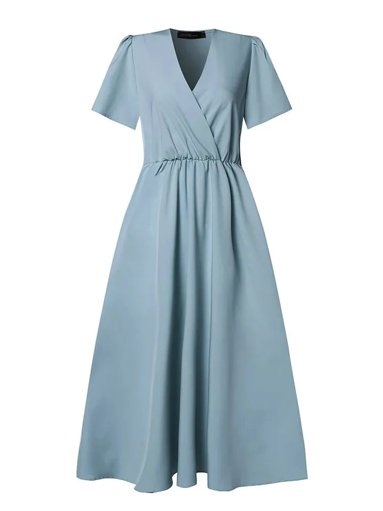 2024 Elegant Short Sleeve A-line Dresses Women Fashion Solid Color Holiday Belted Vestidos Casual V Neck Midi Sundress