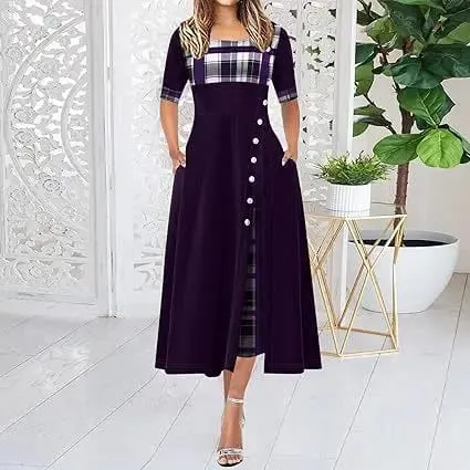 Vestido longo feminino irregular, com retalhos, botões vintage, gola redonda, meia manga, casual, vestido de viagem, moda feminina