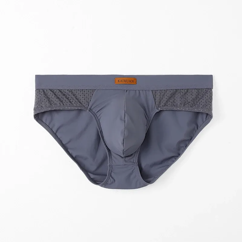 Cuecas masculinas de malha de seda gelo de verão, secagem rápida, bolsa em u, virilha separada, roupa íntima respirável, design triangular para conforto