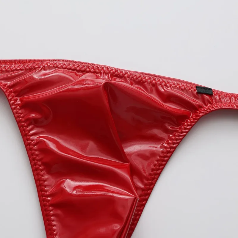 Cuecas masculinas de couro falso brilhante, cuecas g-string com alça fina, cintura baixa, lingerie masculina, lingerie com costas em t