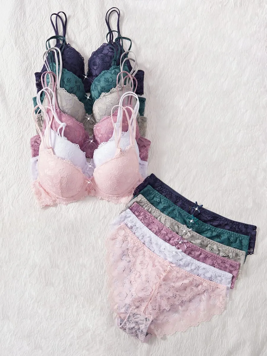 6-Piece Set Women's Underwear Set Sexy Patterned Lace Patchwork No Lining Comfortable Fitting Women's Push-Up Bra Sexy Lingerie — image 1