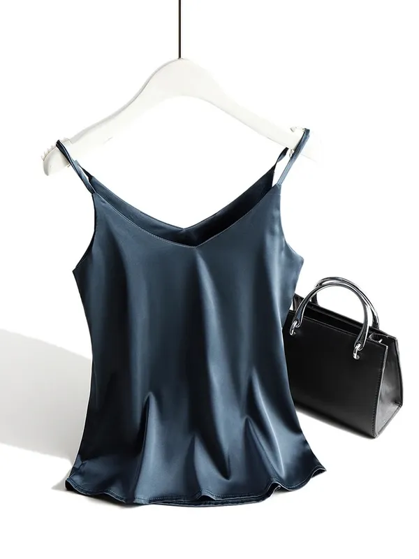 2026 Spaghetti Strap Top Women Halter V Neck Basic White Cami Sleeveless Satin Silk Tank Tops Women'S Summer Camisole