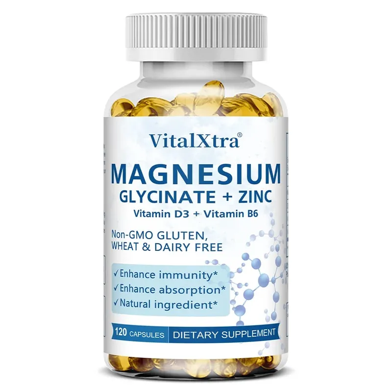 Magnesium Glycinate + Zinc Supplement - Supports Bones Immune System Heart Health Mineral Supplement Helps with Natural Sleep