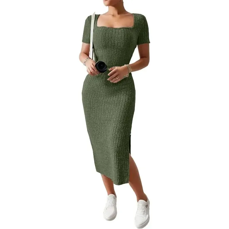 Verão pescoço quadrado hip-abraçando saia de comprimento médio de manga curta versátil vestido de malha com fenda
