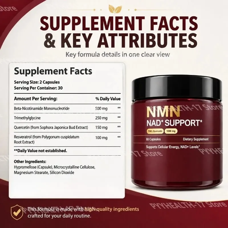 Suplemento de suporte NMN NAD + 1000 mg com TMG e quercetina para energia celular, envelhecimento saudável e suporte antioxidante 60 cápsulas