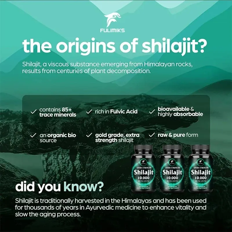 Fulimiks Shilajit 10000mg Cápsulas com Extrato Puro do Himalaia e Ácido Fúlvico Suportam Vitalidade Diária Resistência Saúde Geral